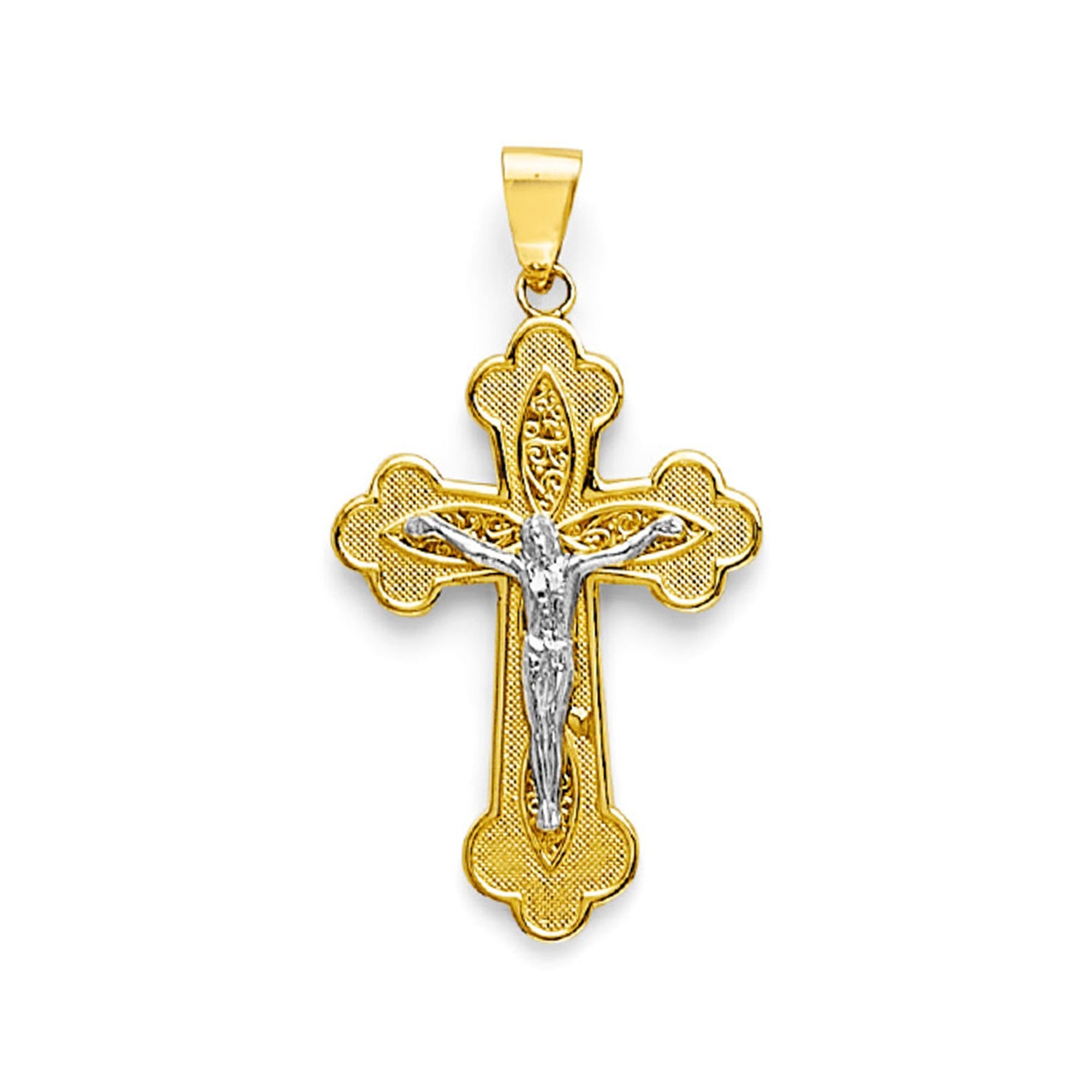 Two Tone Gold Filigree &amp; Trefoil Crucifix Double Cross Pendant