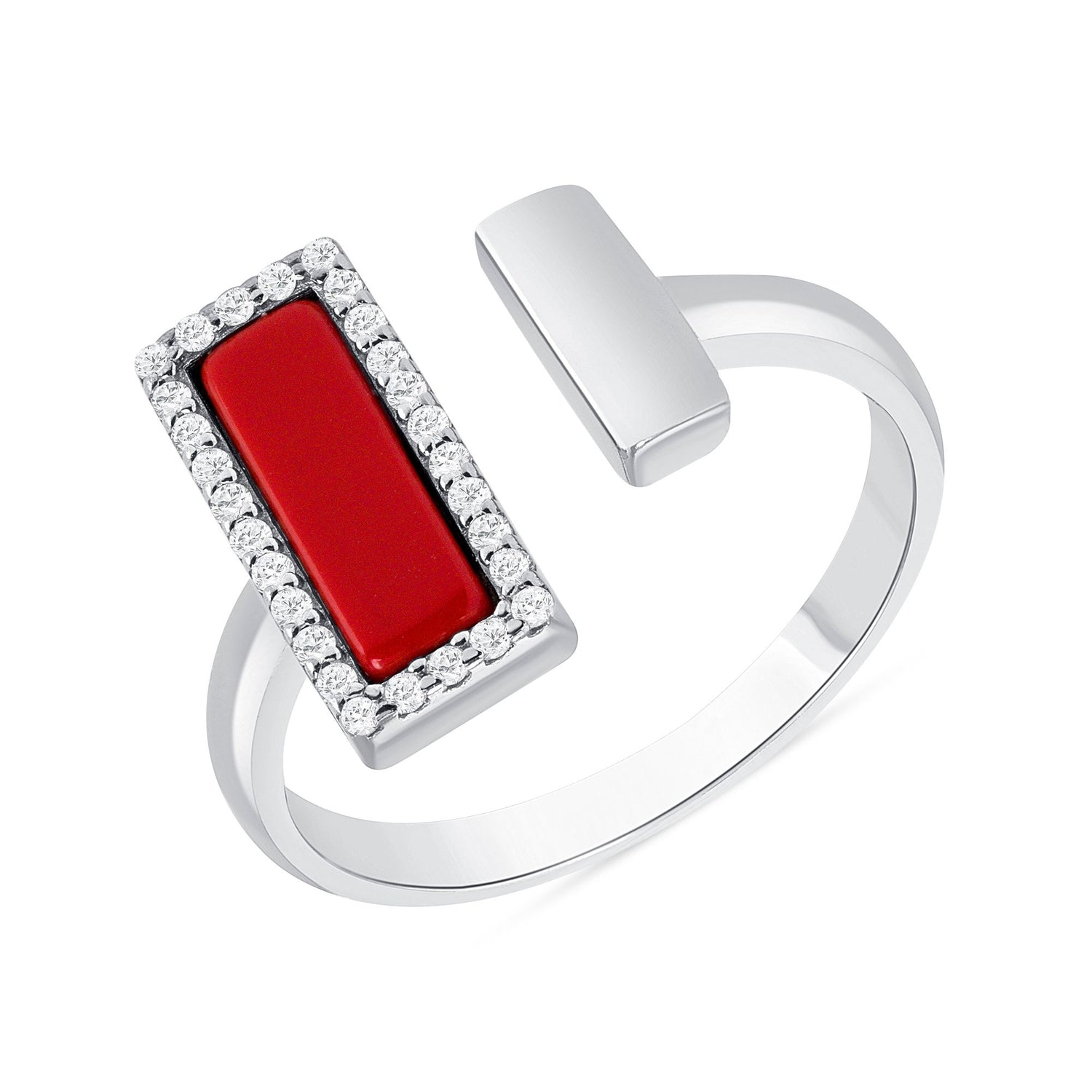 925 Sterling Silver Adjustable Red Rectangular and CZ Open Ring