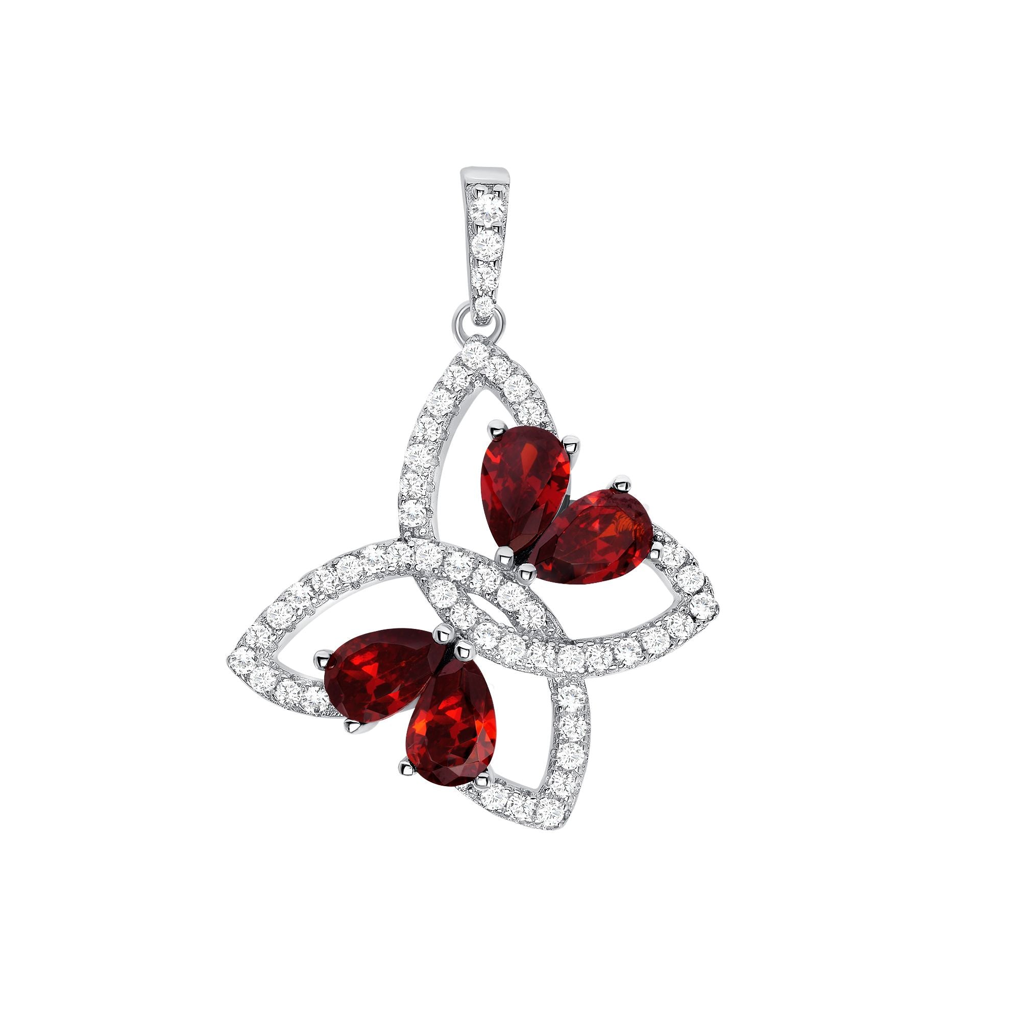 925 Sterling Silver CZ Studded with Red or Blue Pear Cut CZ Accents Abstract Outline Butterfly Pendant