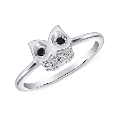 925 Sterling Silver Round CZ Owl Fashion Ring
