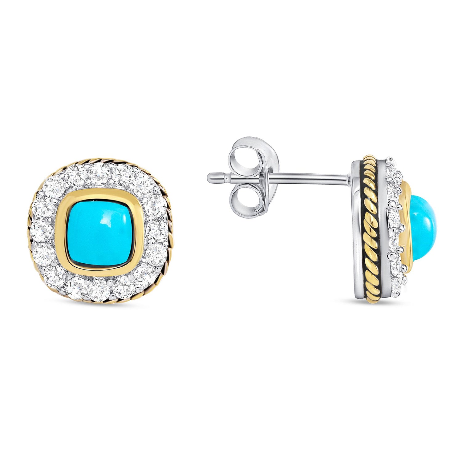 925 Sterling Silver Square Cut Turquoise with CZ Halo &amp; Rope Border Two Tone Pendant &amp; Stud Earrings Jewelry Set