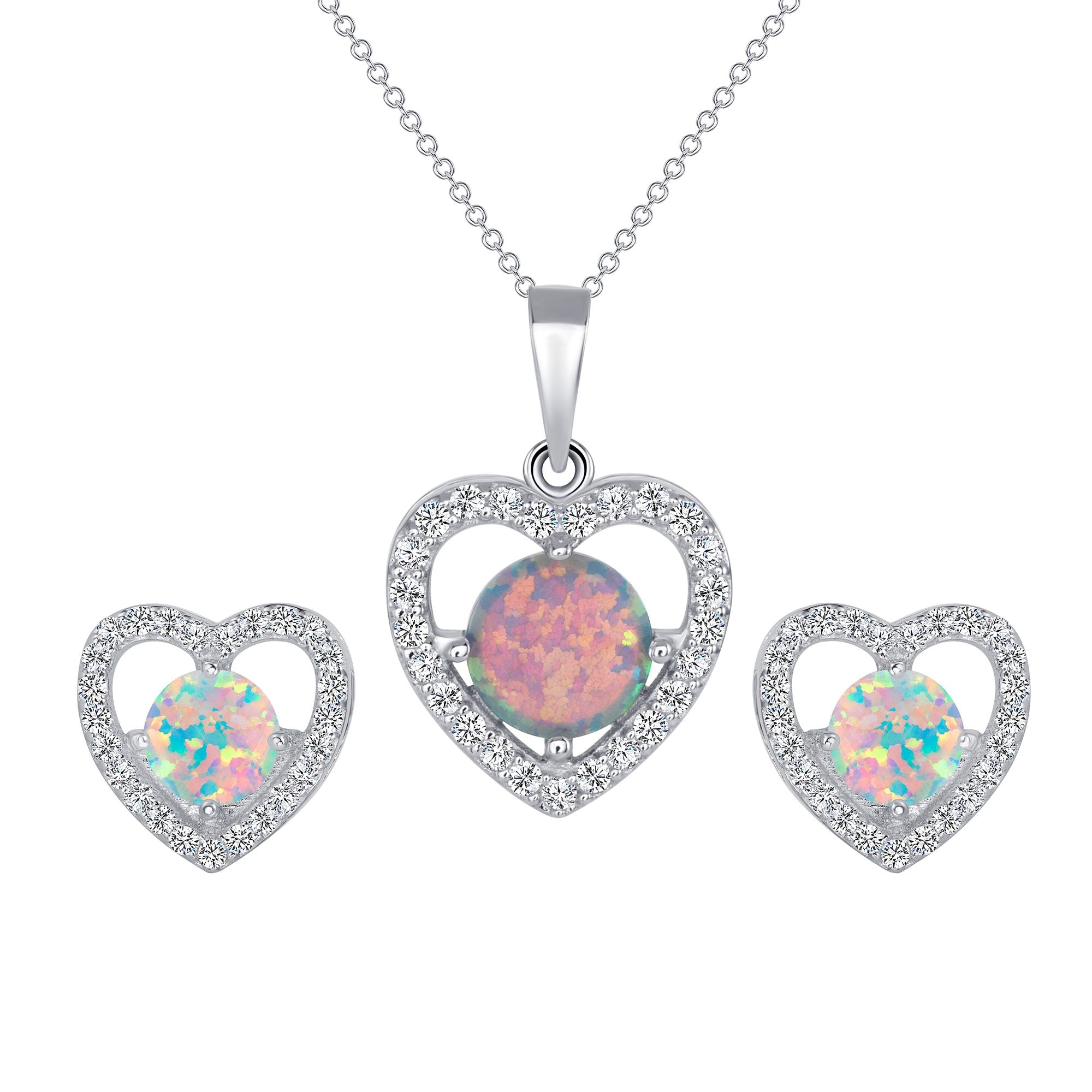 925 Sterling Silver Heart Cut Opal with Round Cut CZ Heart Halo Pendant &amp; Stud Earrings Jewelry Set