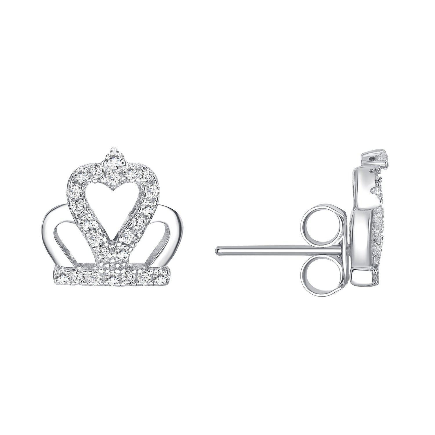 925 Sterling Silver Round Cut CZ Accented Heart Crown Pendant &amp; Stud Earrings Jewelry Set