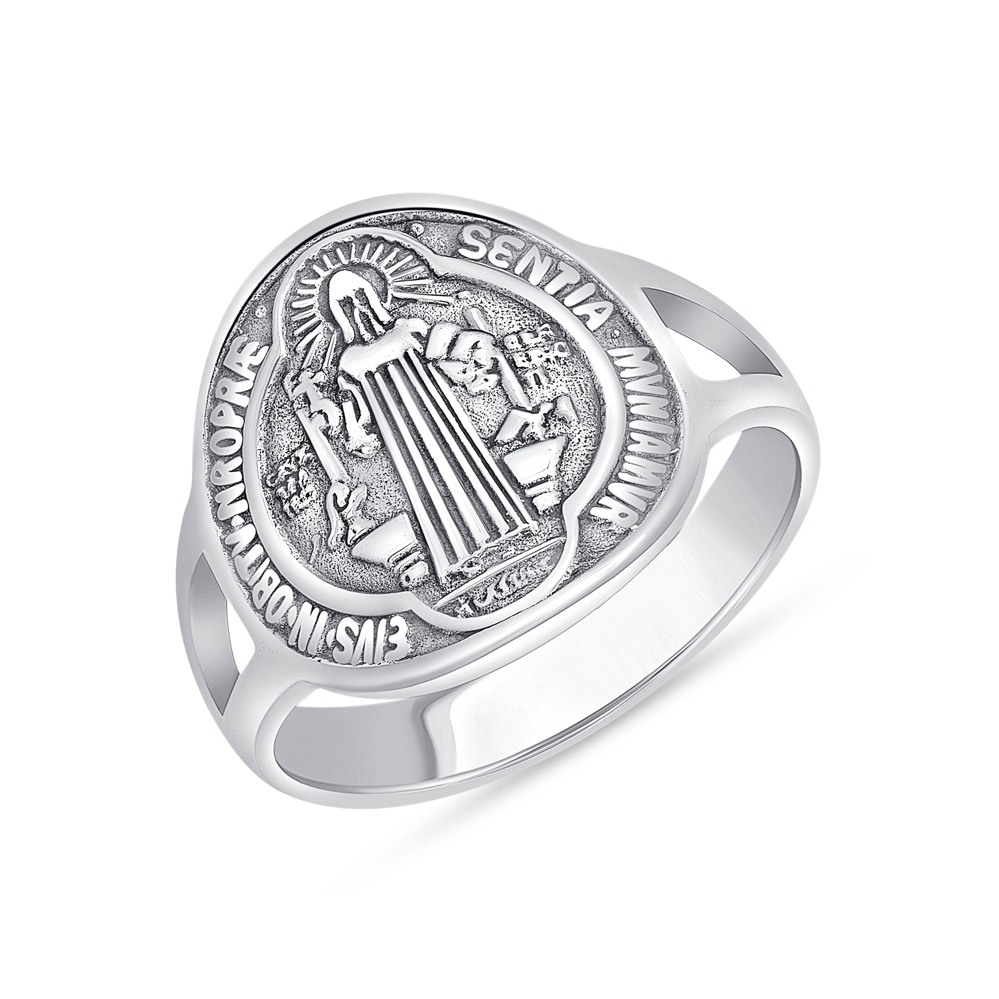 925 Sterling Silver Saint Benedict Split Band Signet Ring