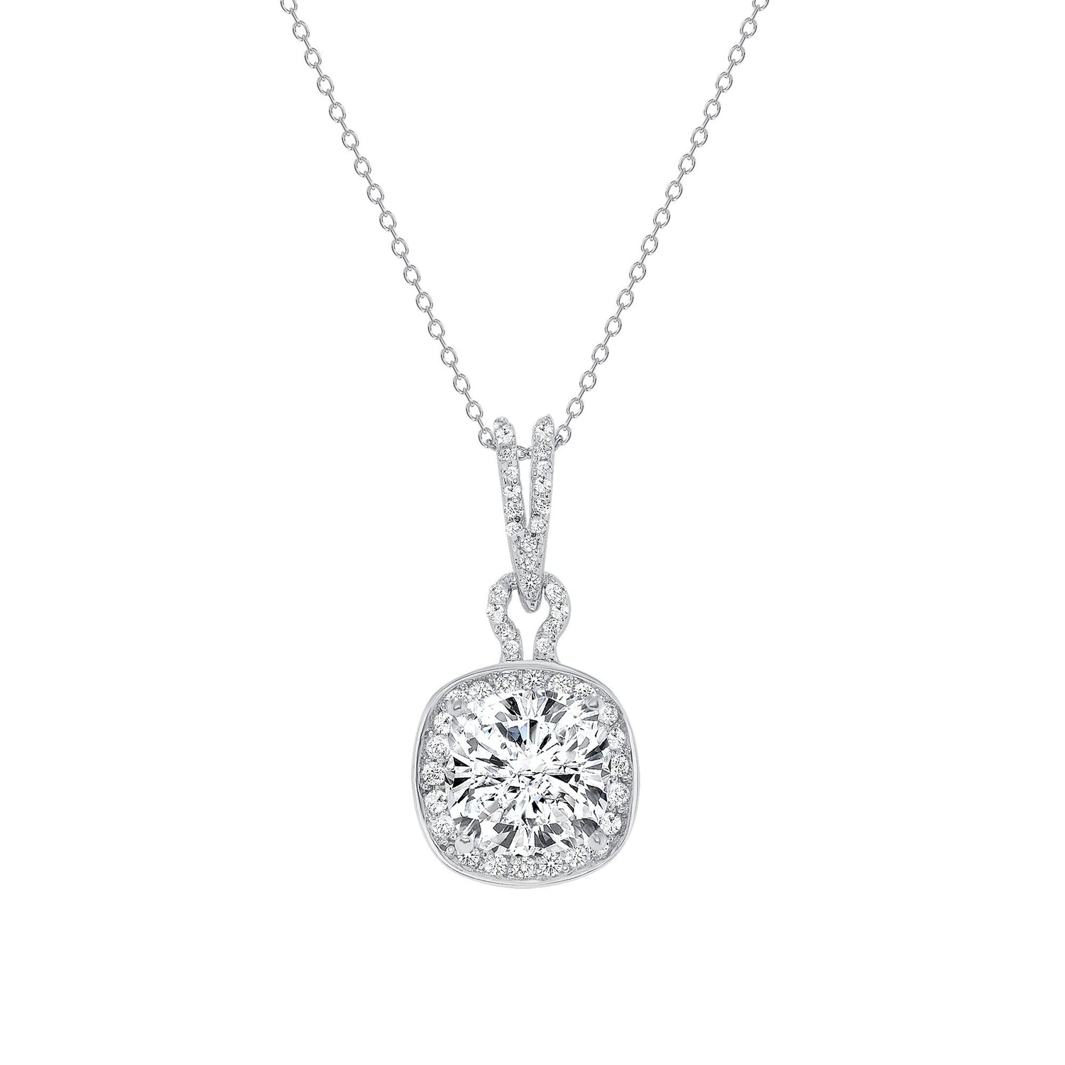 925 Sterling Silver Round Cut CZ with Halo &amp; Studded Bail Pendant Necklace