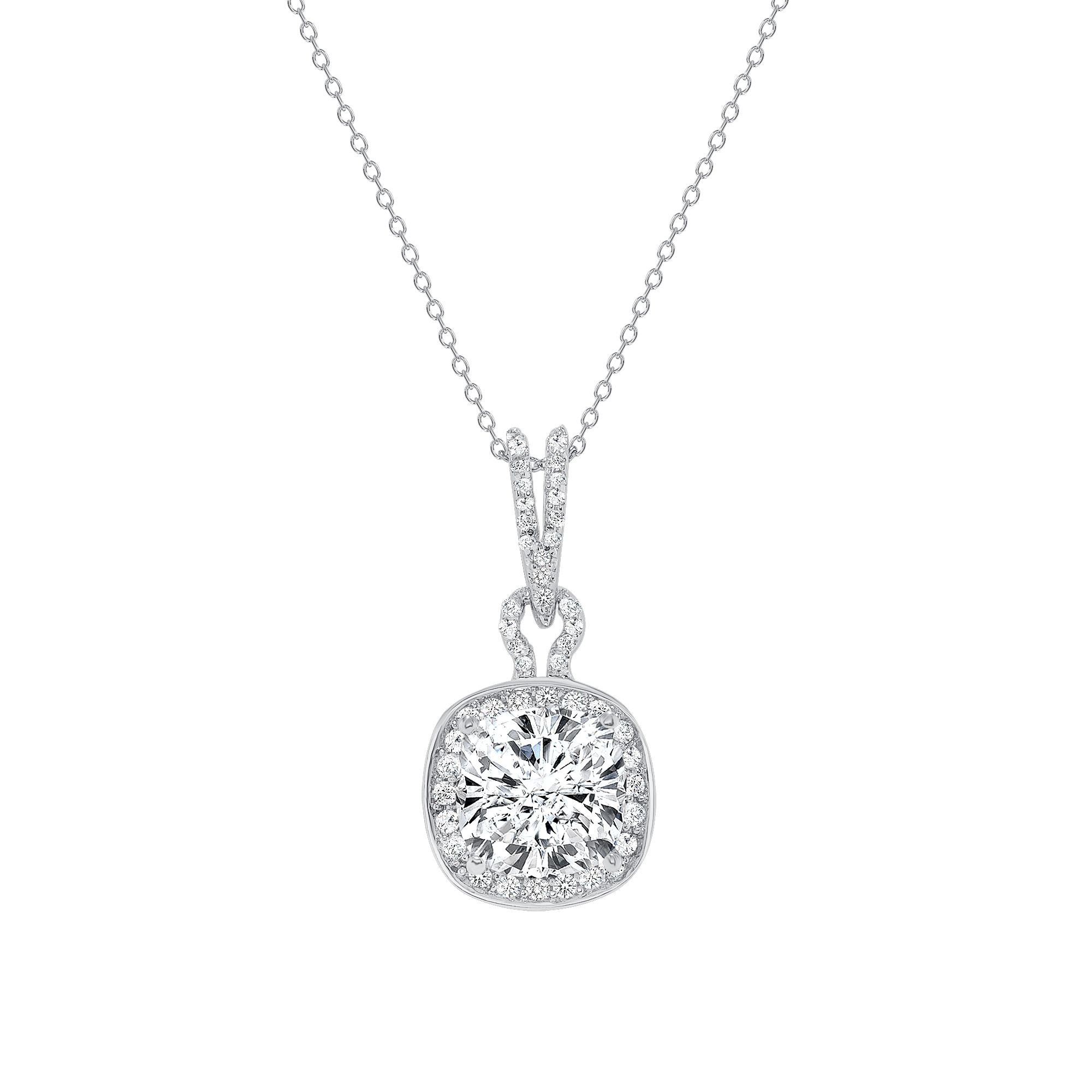 925 Sterling Silver Round Cut CZ with Halo &amp; Studded Bail Pendant Necklace