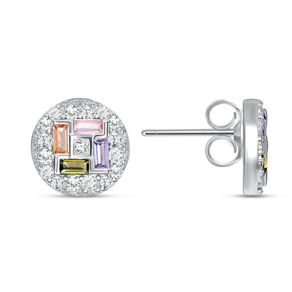 925 Sterling Silver Multicolor Baguette Cut CZ &amp; Pavé CZ Mosaic Pendant &amp; Stud Earrings Jewelry Set