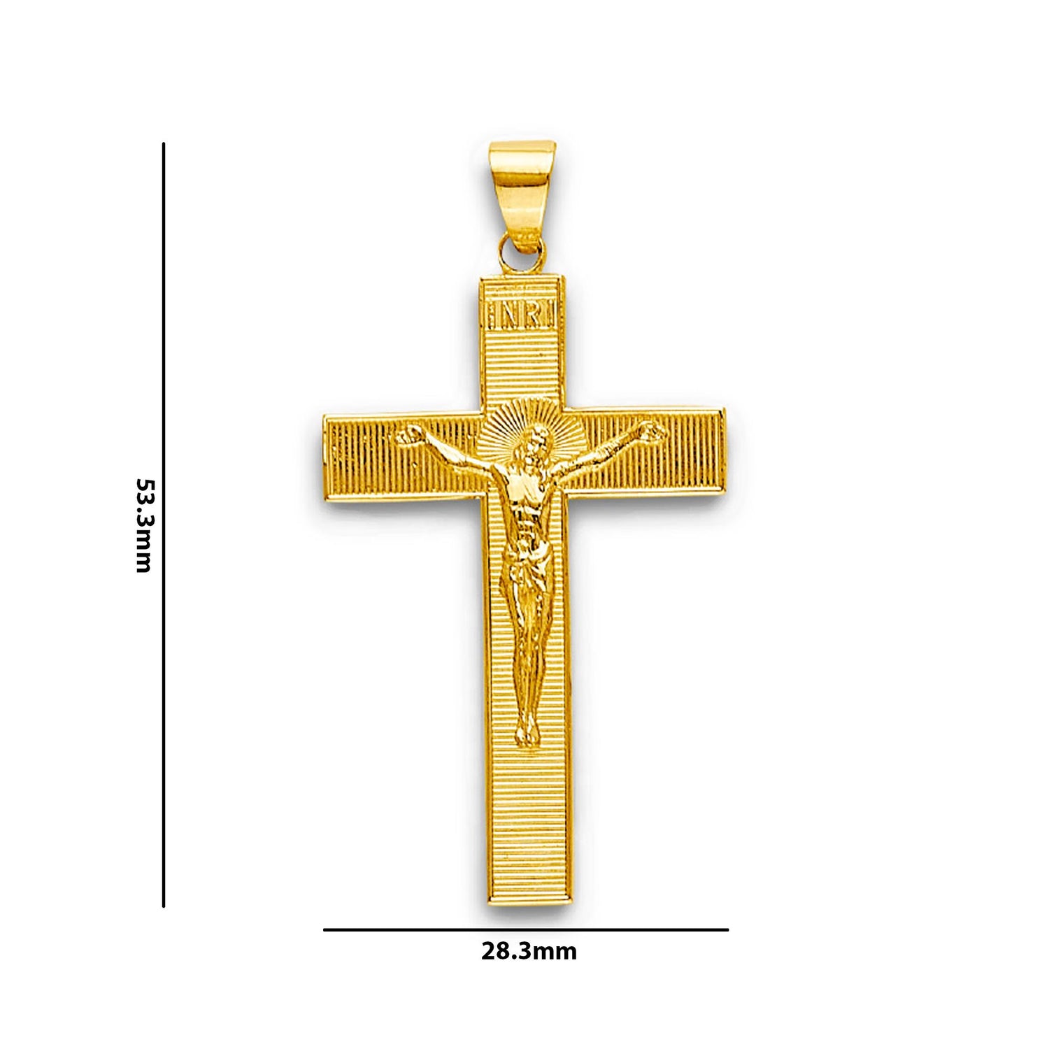 Yellow Gold Ribbed INRI Crucifix Cross Pendant with Measurement