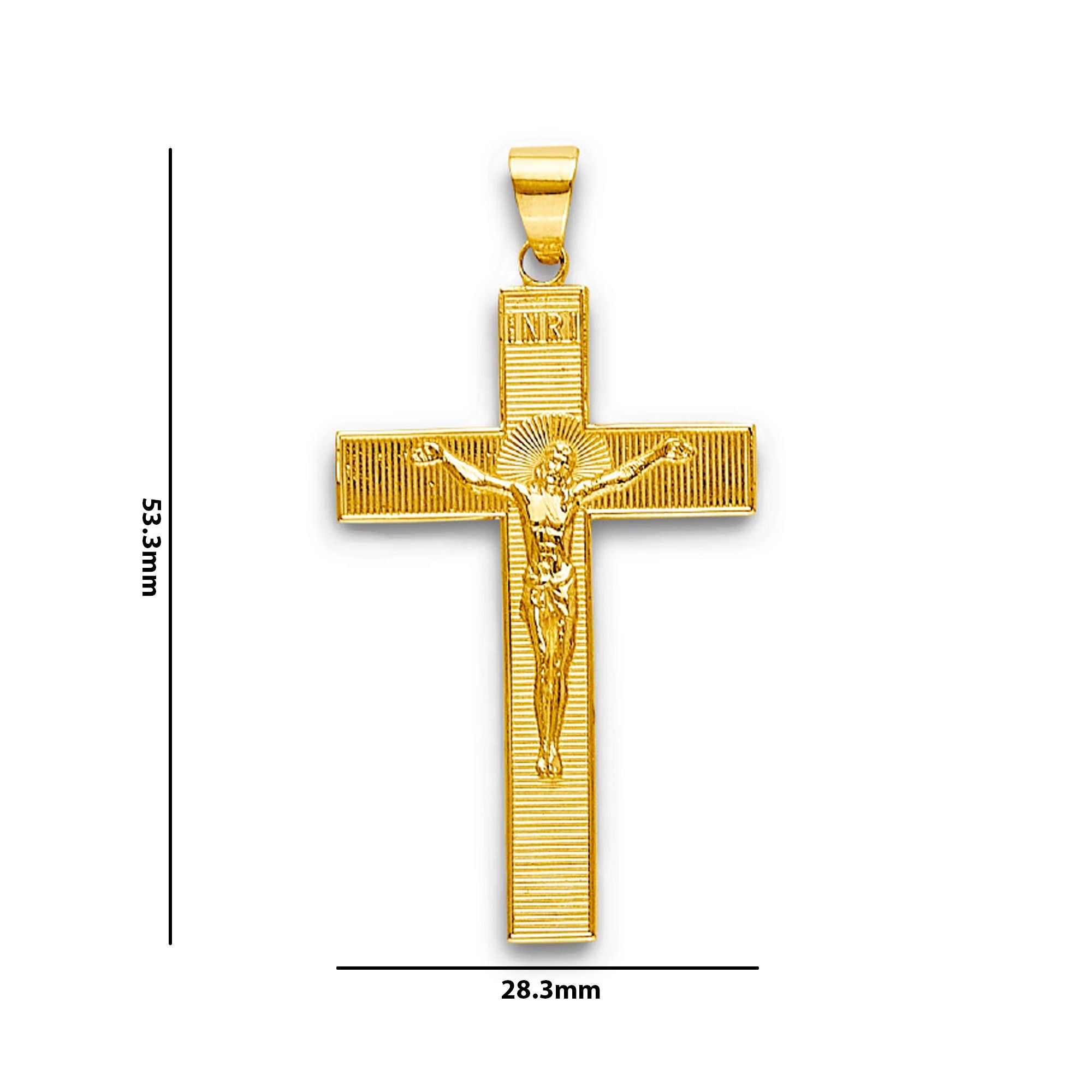 Yellow Gold Ribbed INRI Crucifix Cross Pendant with Measurement