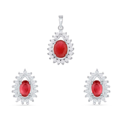 925 Sterling Silver Oval Cut Red CZ with White CZ Pointed Halo Teardrop Pendant &amp; Earrings Jewelry Set