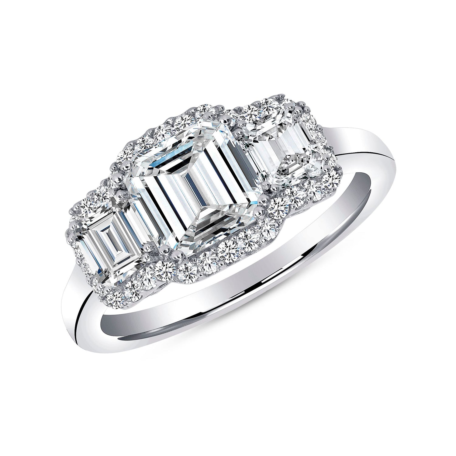 925 Sterling Silver Emerald Cut CZ with Round Cut CZ Halo Three Stone Engagement Ring