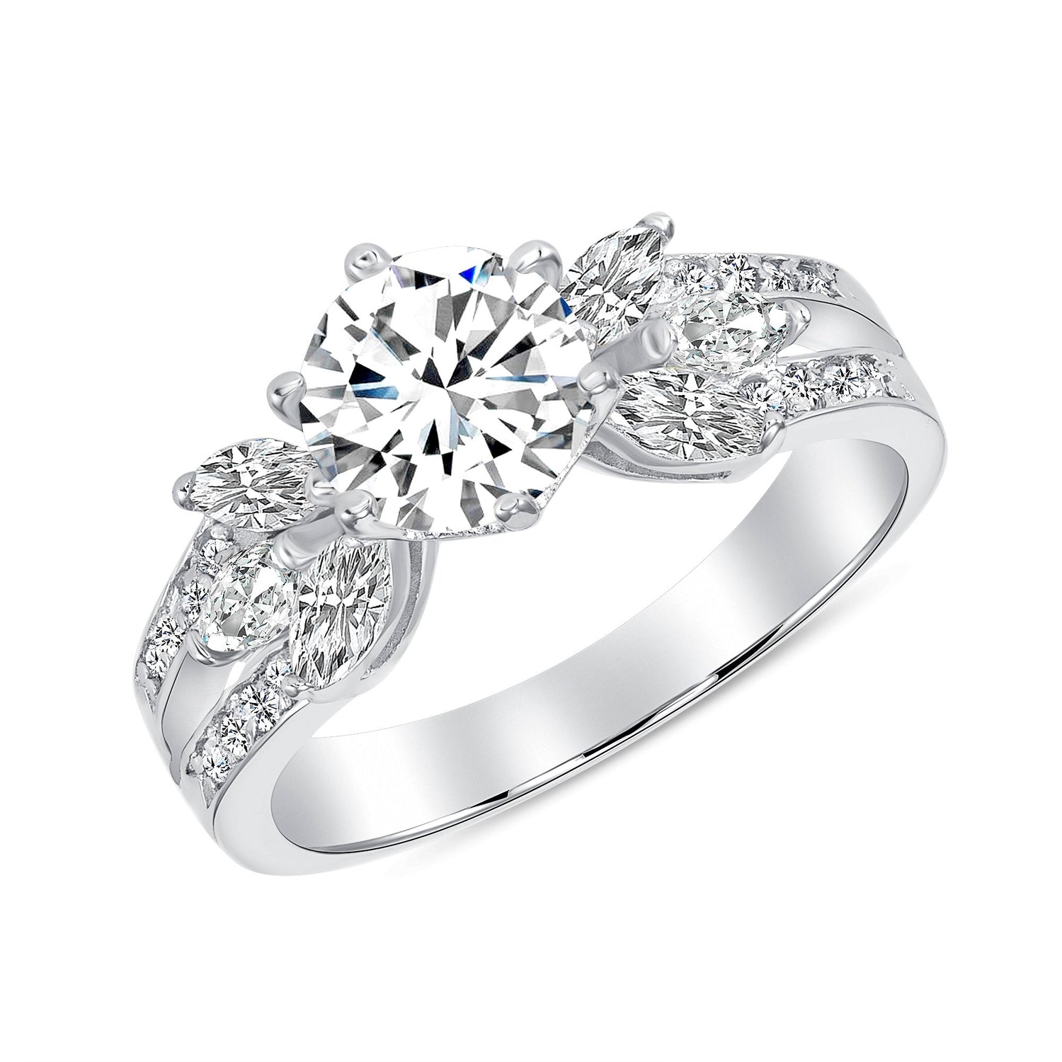 925 Sterling Silver Marquise Sidestone and Round CZ Wedding Band