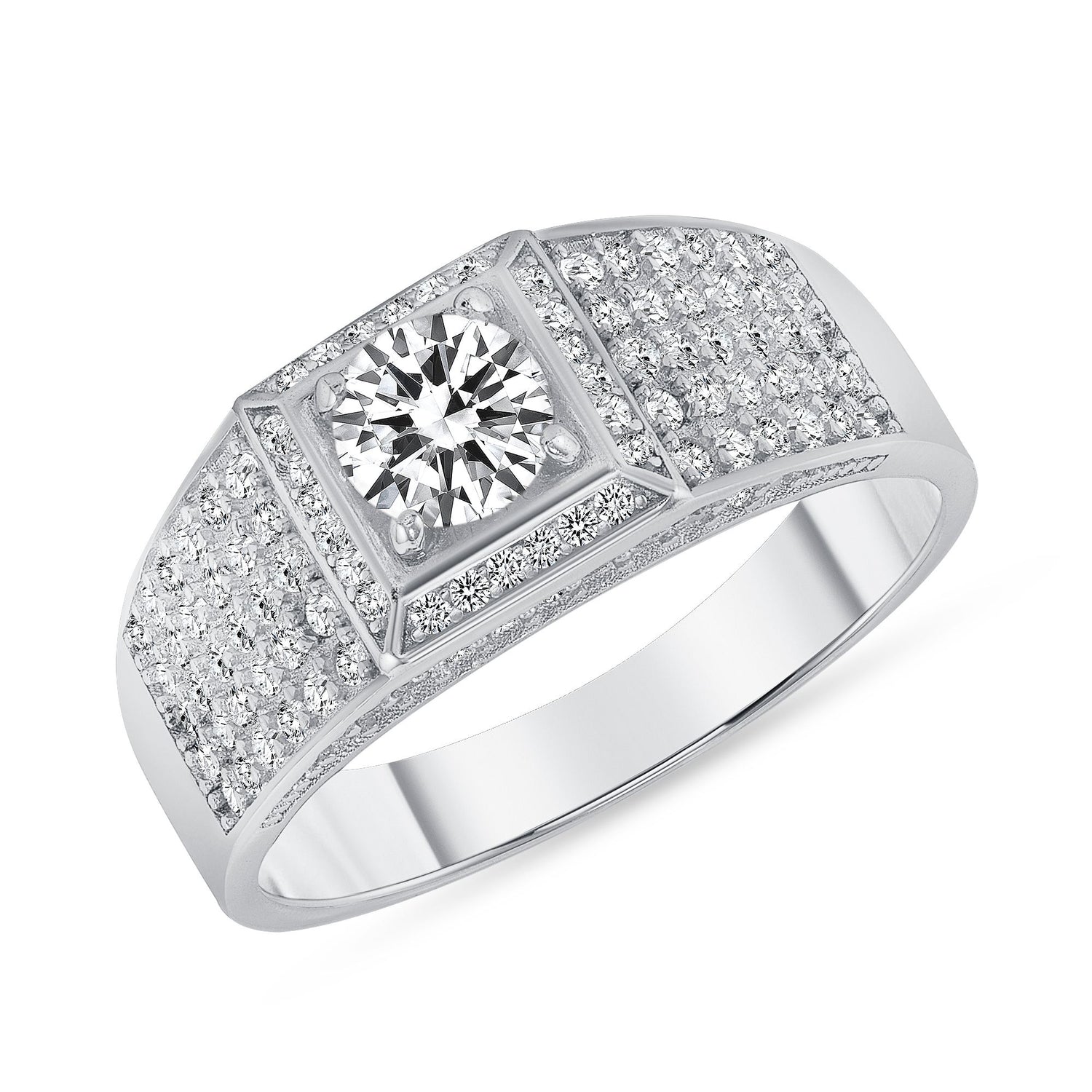 925 Sterling Silver Round Cut CZ with Square Halo &amp; CZ Cluster Band Men&