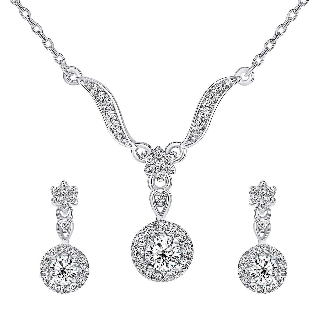 925 Sterling Silver Round Cut White CZ with Halo &amp; Flower Leaves Pendant &amp; Dangle Earrings Jewelry Set