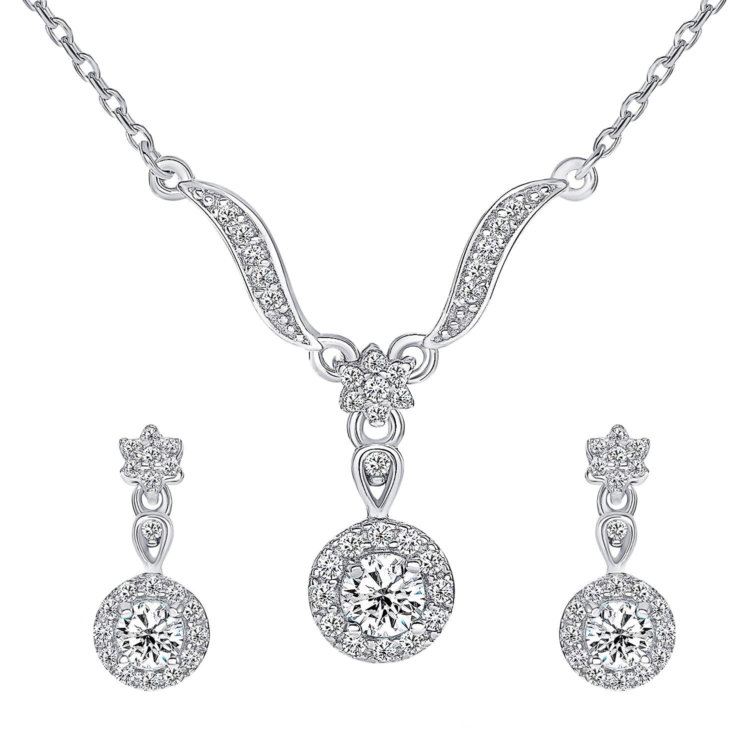 925 Sterling Silver Round Cut White CZ with Halo &amp; Flower Leaves Pendant &amp; Dangle Earrings Jewelry Set