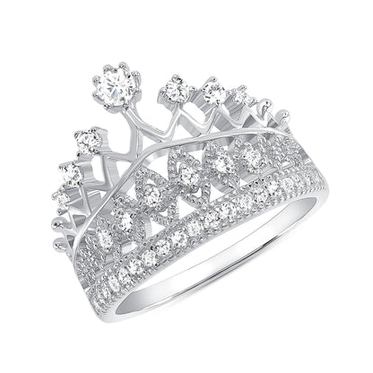 925 Sterling Silver Round CZ Princess Crown Ring