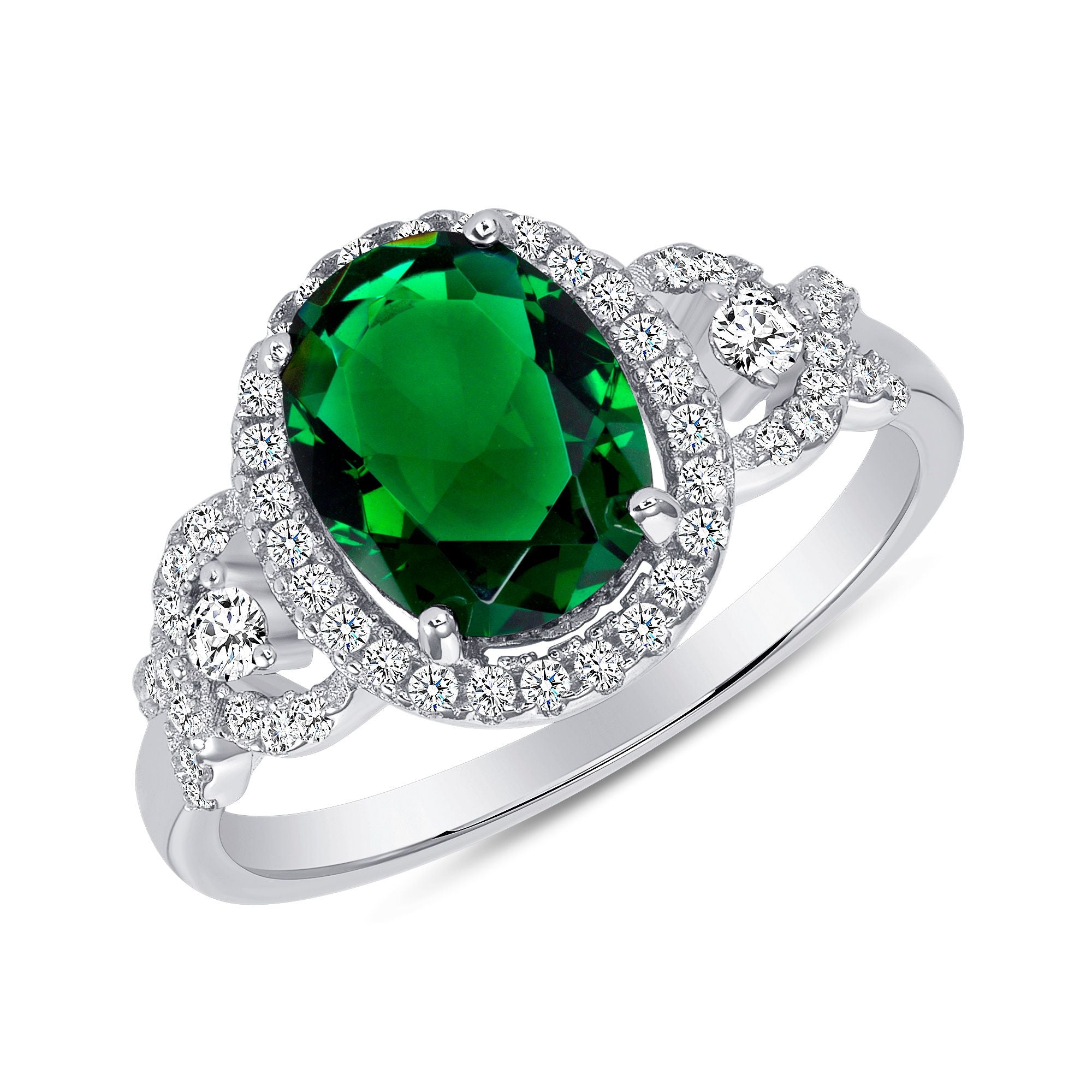 925 Sterling Silver CZ Halo and Oval Emerald Ring
