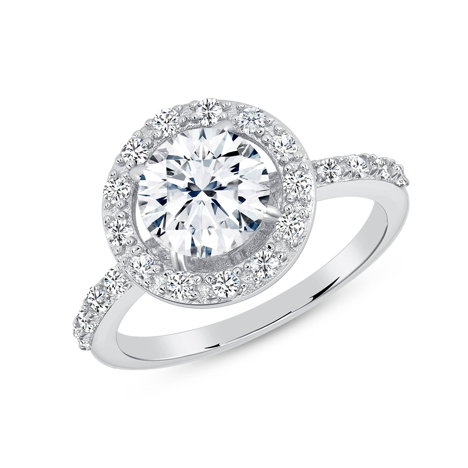 925 Sterling Silver Pavé Halo Round CZ Solitaire Ring