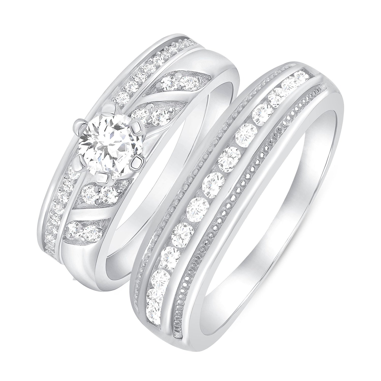 925 Sterling Silver Round CZ with Wrap Decoration, Channel Bead Setting &amp; Milgrain His &amp; Hers Trio Wedding Set