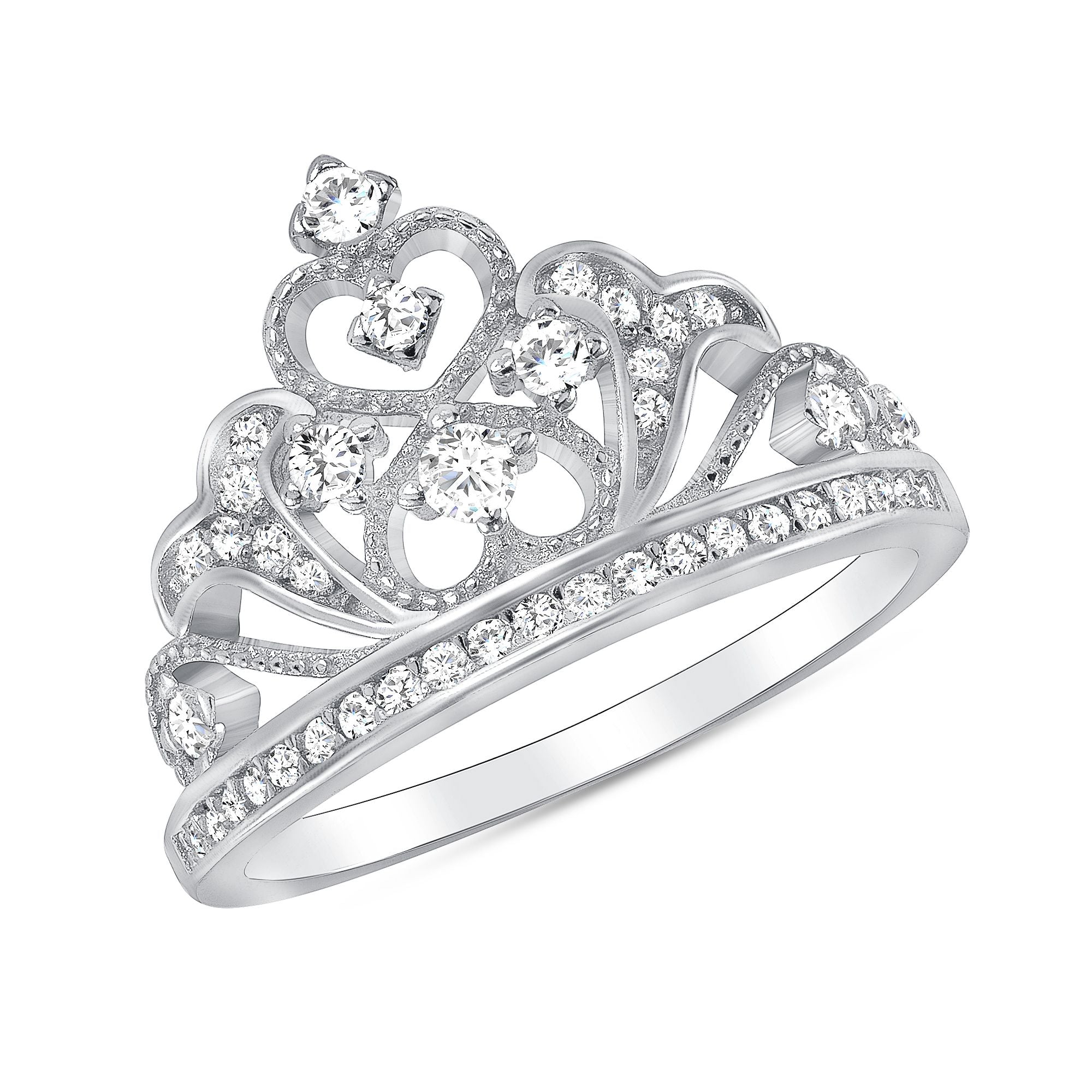 925 Sterling Silver Channel Set Round CZ Heart Princess Crown Ring