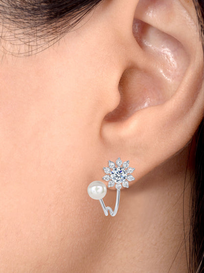 925 Sterling Silver Pearl and Flower Round CZ Stud Earrings