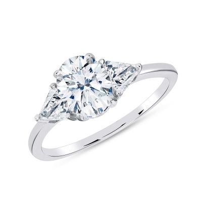 925 Sterling Silver Oval Cut CZ and Triangular Cut Sidestone Three Stone Engagement Ring