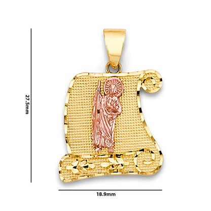 Yellow Gold St Judas Scroll Dual Tone Pendant with Measurement