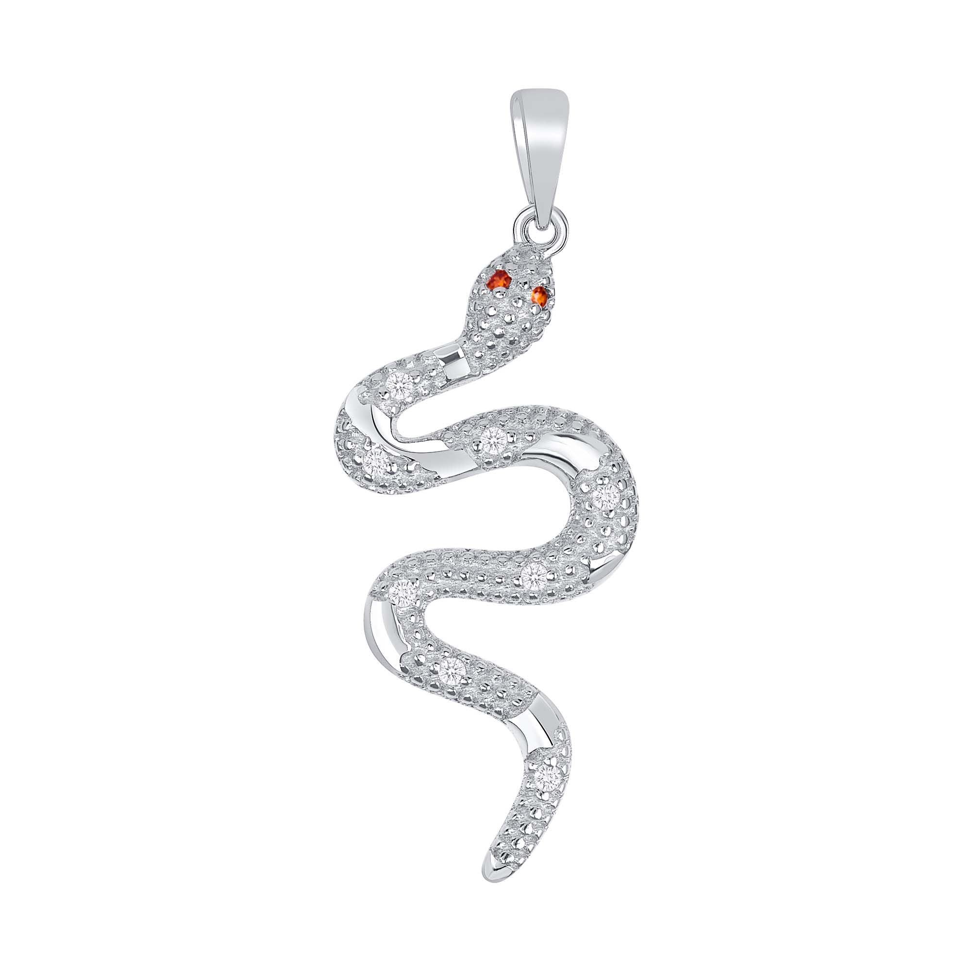 925 Sterling Silver Milgrain &amp; Round Cut CZ Studded with Orange CZ Eyes Snake Pendant