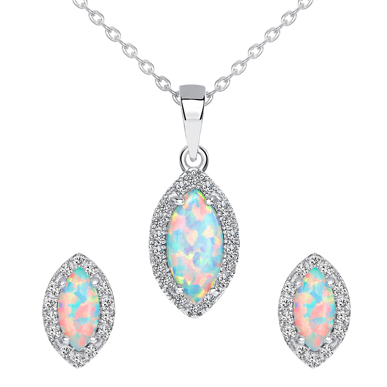 925 Sterling Silver Marquise Cut Opal with CZ Halo Pendant &amp; Stud Earrings Jewelry Set