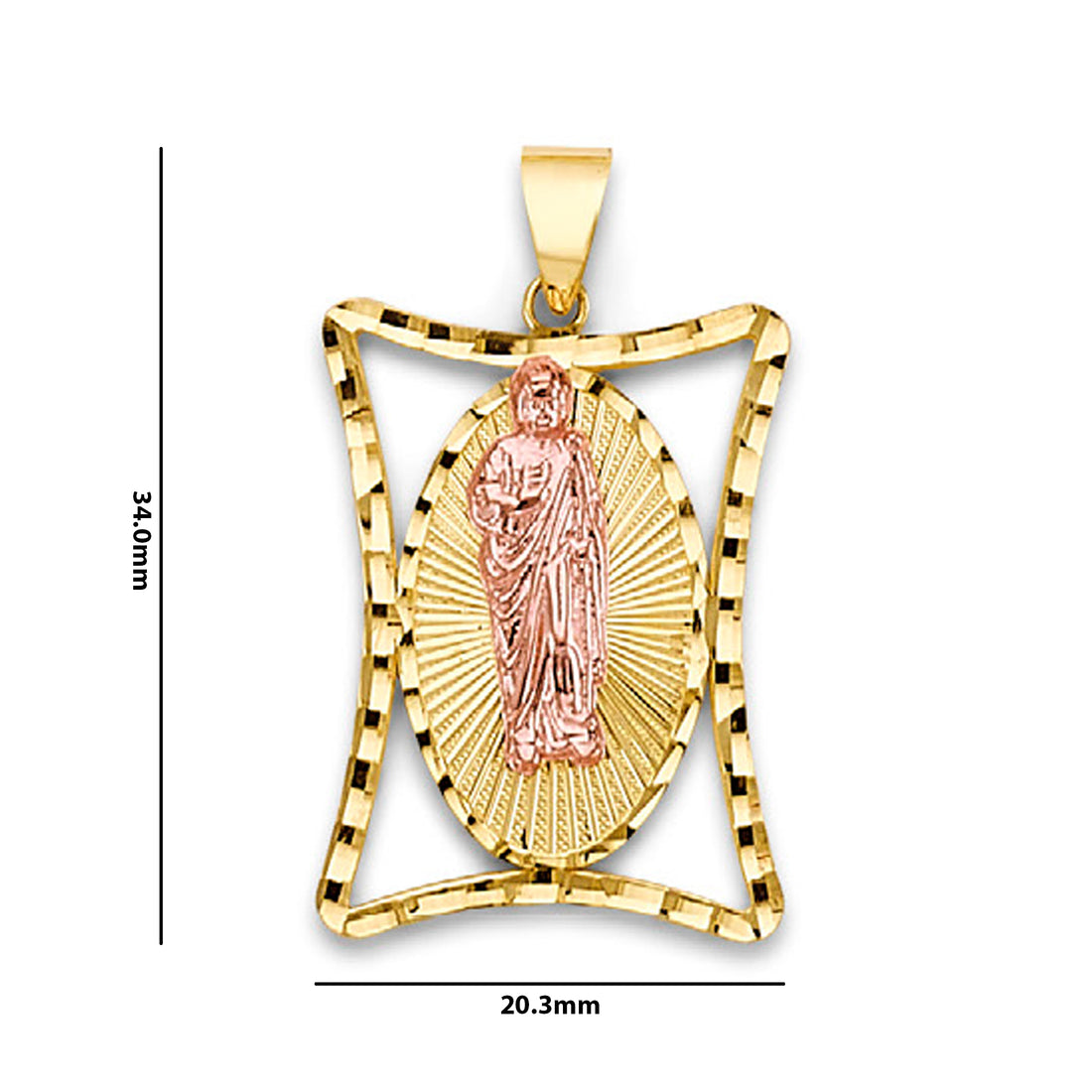 Two Tone Gold Oval Background St Judas Pendant with Measurement