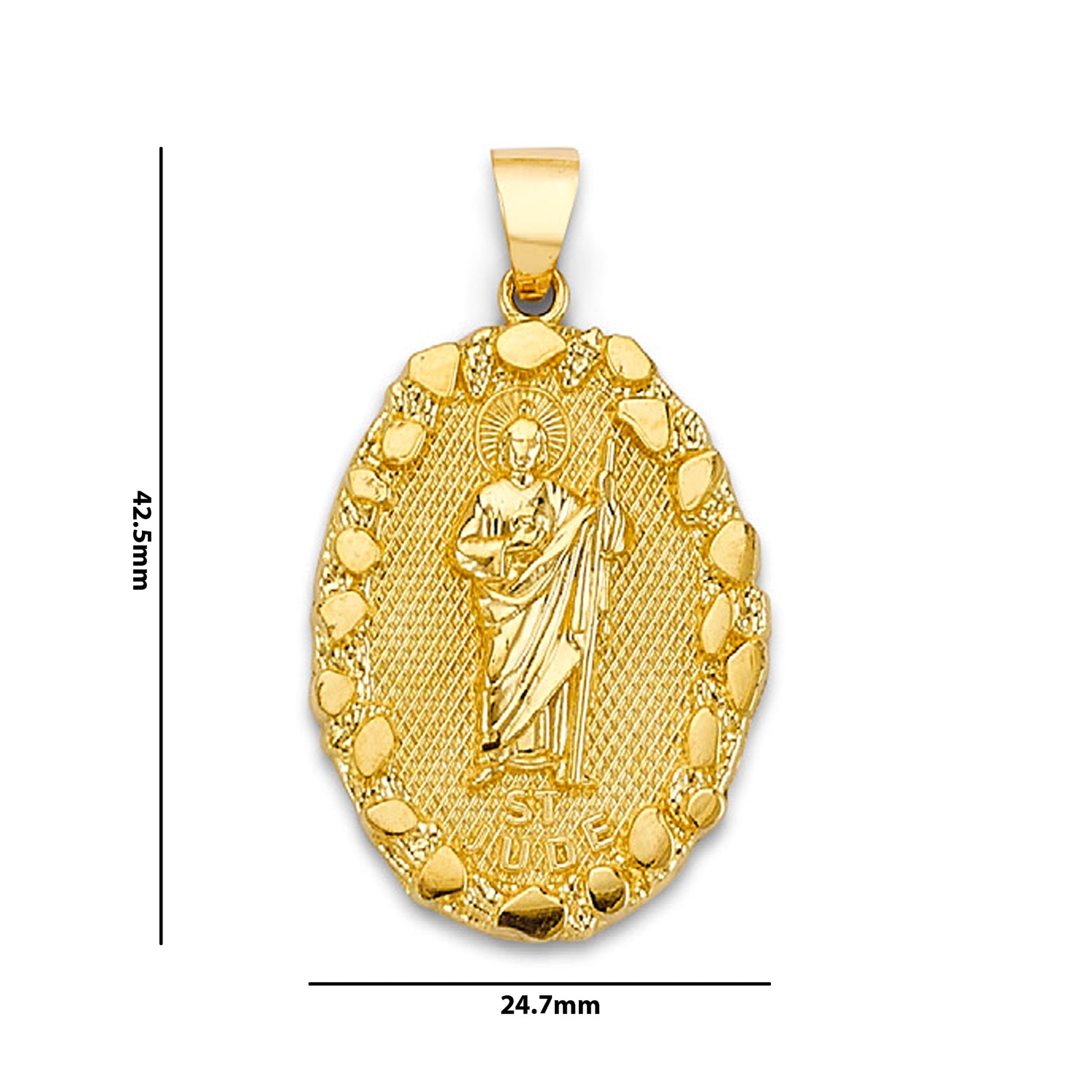 Yellow Gold Oval Textured Background St. Judas Pendant with Measurement