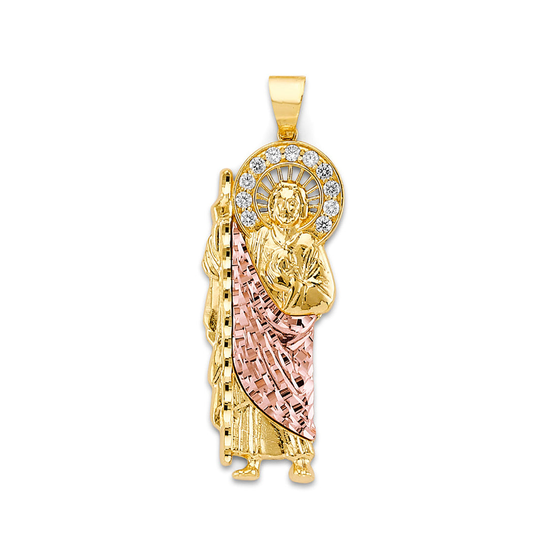 Two Tone Gold Round CZ San Judas Religious Pendant