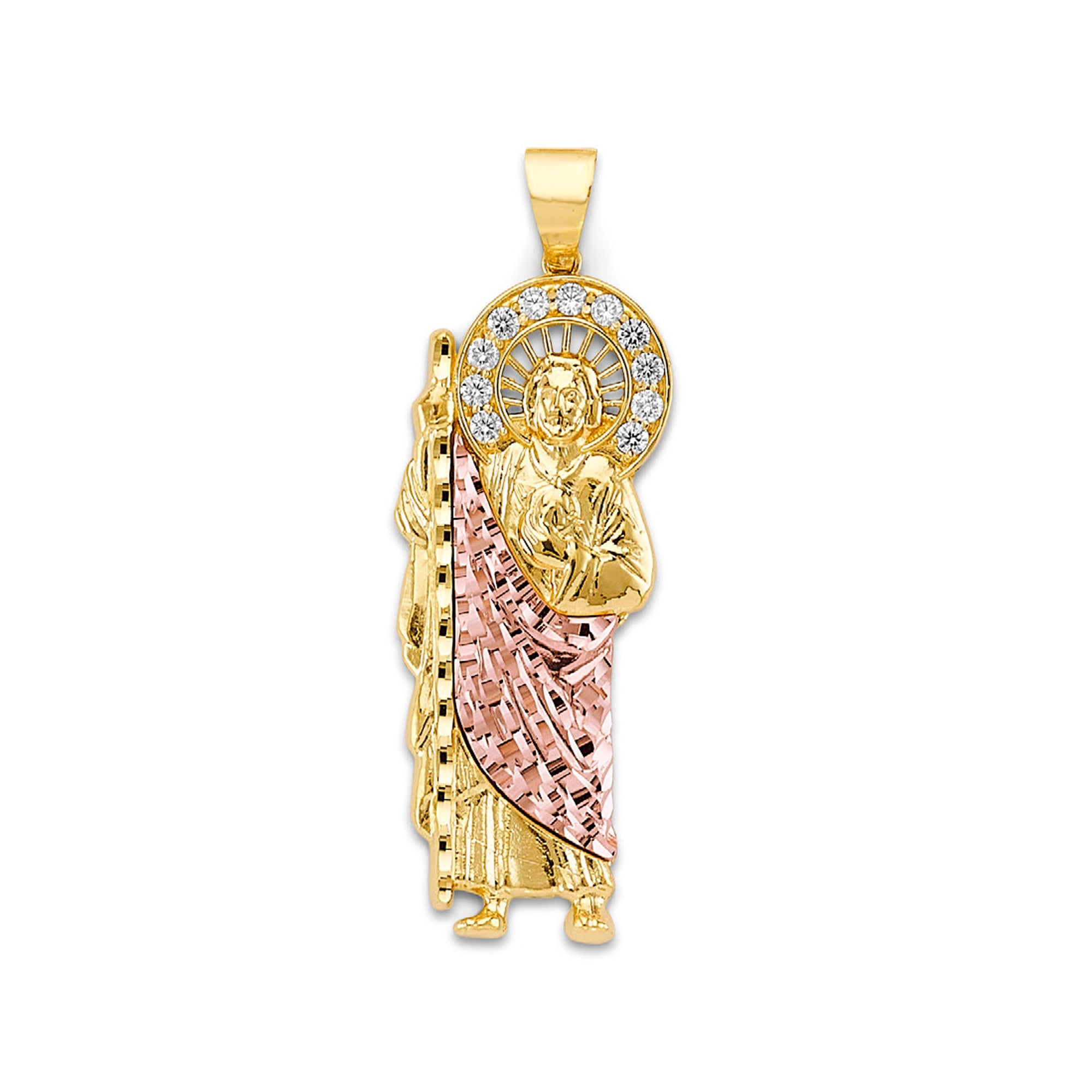 Two Tone Gold Round CZ San Judas Religious Pendant