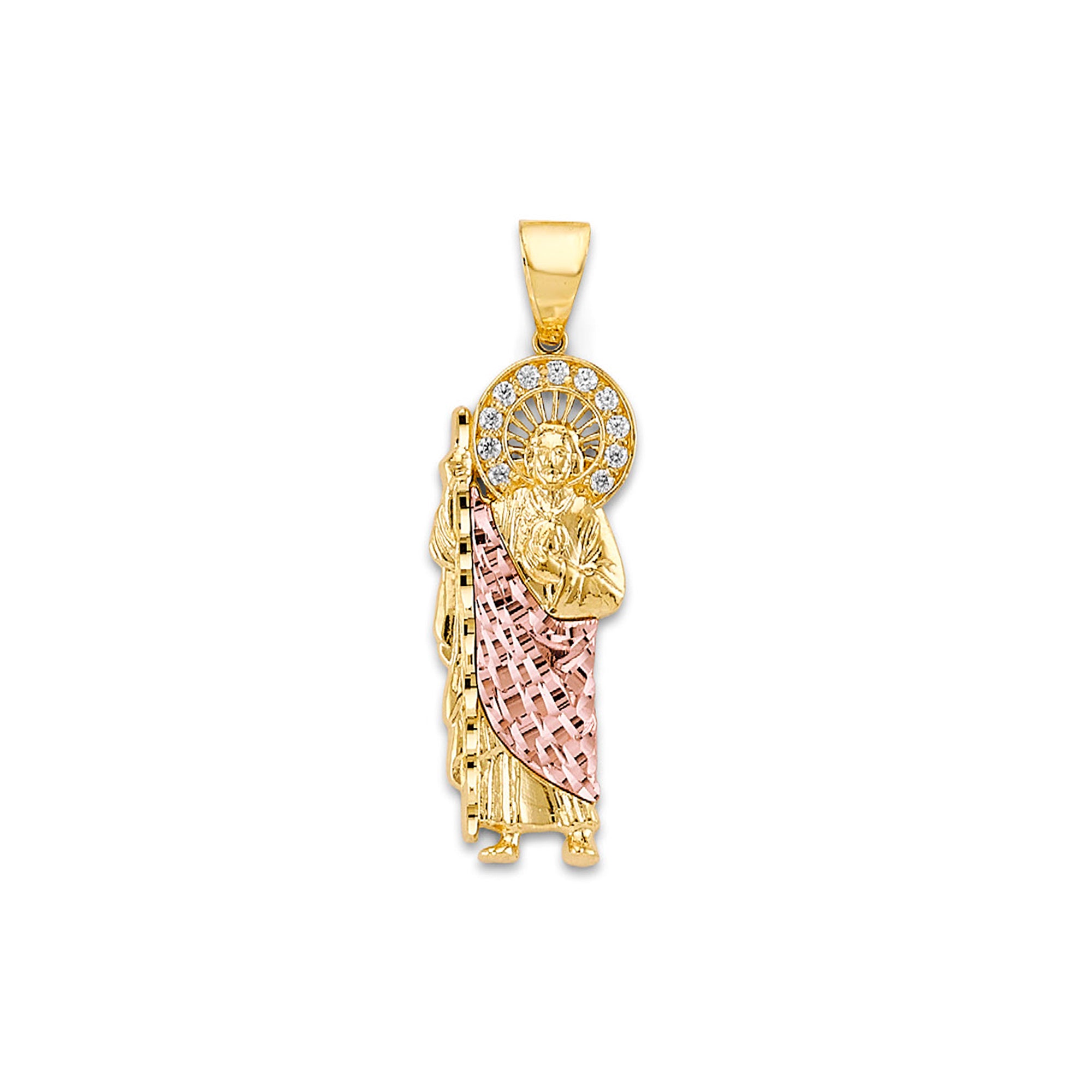 Two Tone Gold Round CZ San Judas Religious Pendant