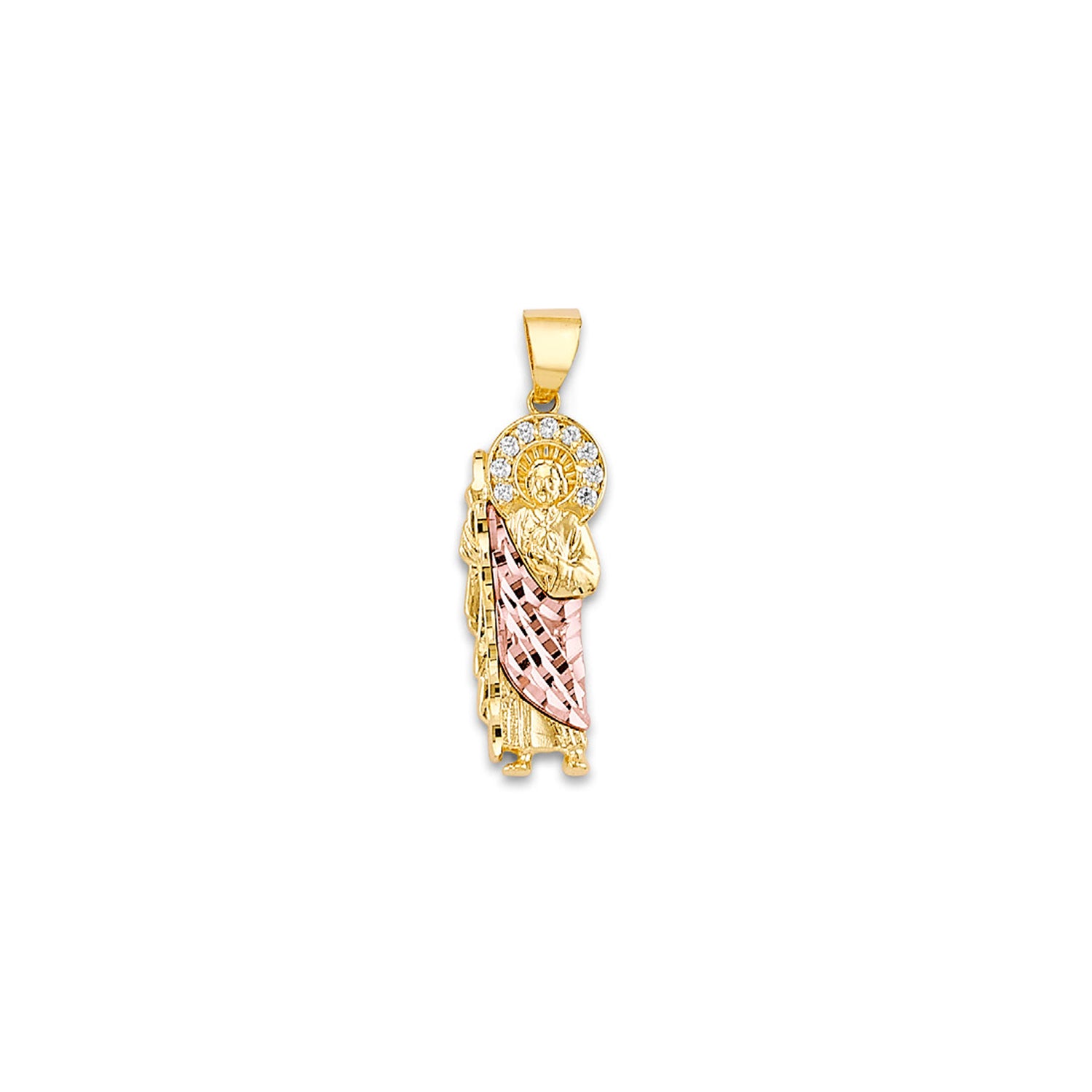 Two Tone Gold Round CZ San Judas Religious Pendant