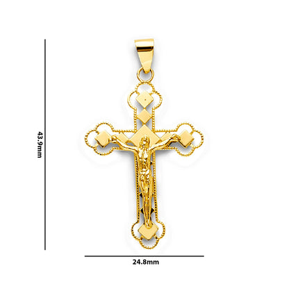 Yellow Gold Diamond Shaped Cutouts Milgrain Bordered Trefoil Crucifix Cross Pendant with Measurement