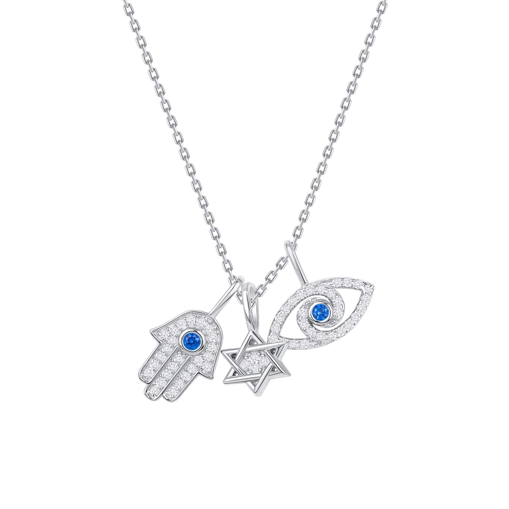 925 Sterling Silver CZ Accented Evil Eye &amp; Star of David &amp; Hamsa Pendant Necklace