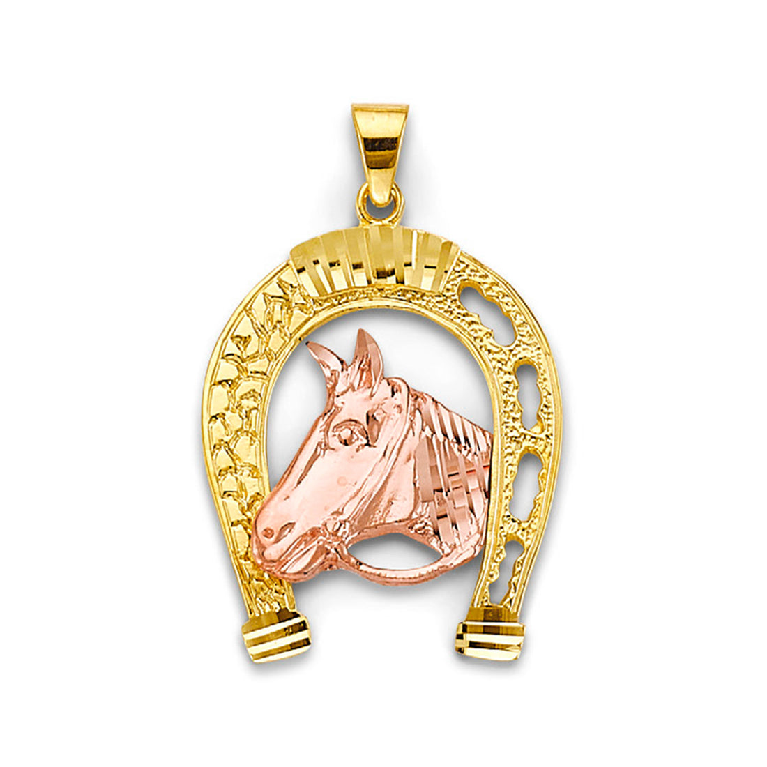 Two Tone Gold Horseshoe with Horse Charm Pendant