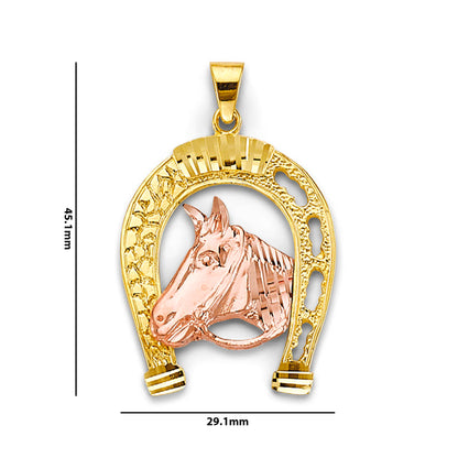 Two Tone Gold Horseshoe with Horse Charm Pendant with Measurement