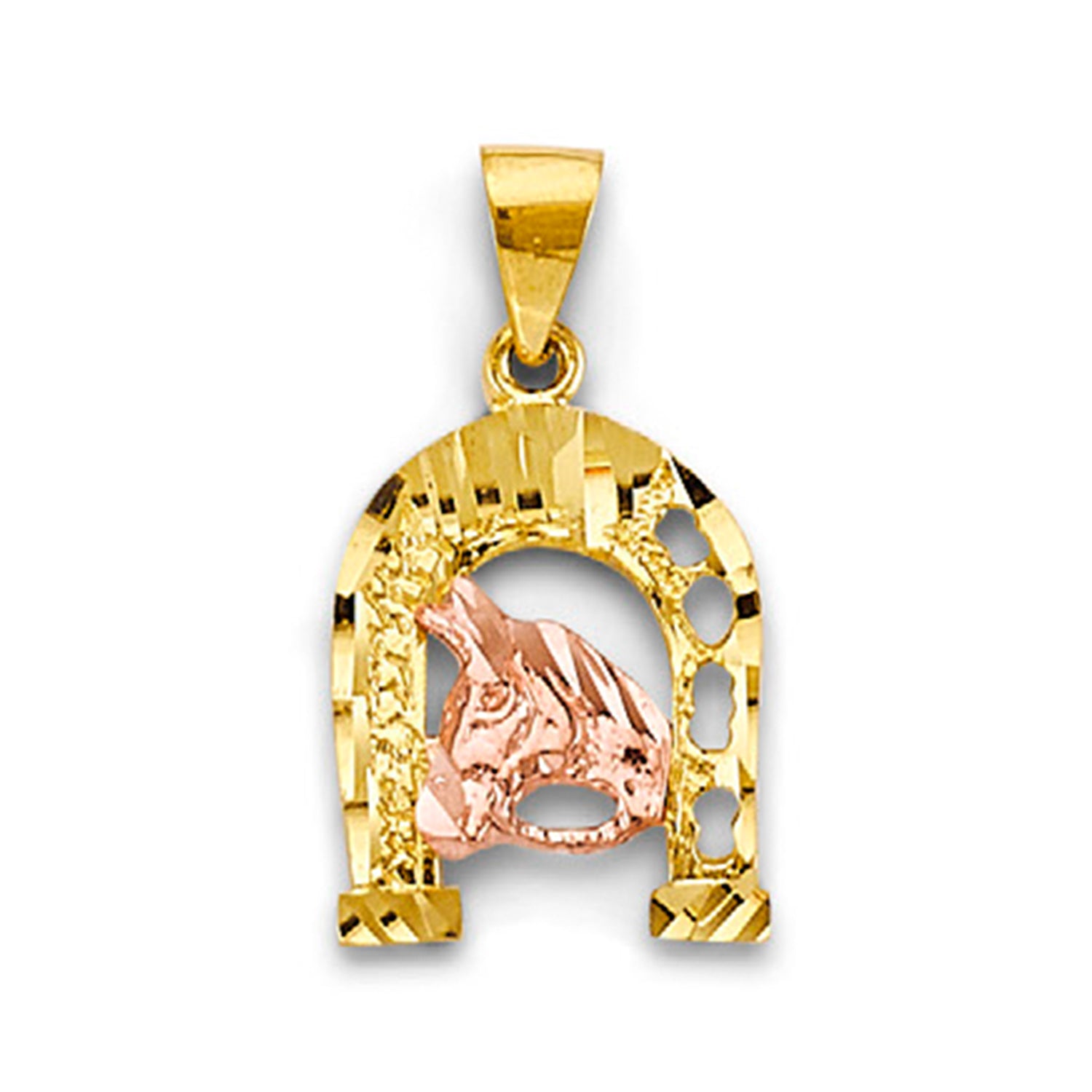 Two Tone Gold Horseshoe with Horse Open Charm Pendant