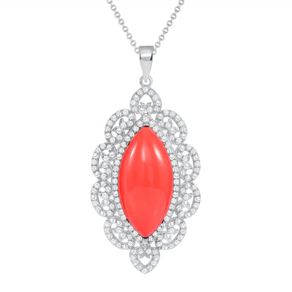 925 Sterling Silver Marquise Cut Coral &amp; Pavé CZ Vintage Halo Teardrop Pendant &amp; Earrings Jewelry Set