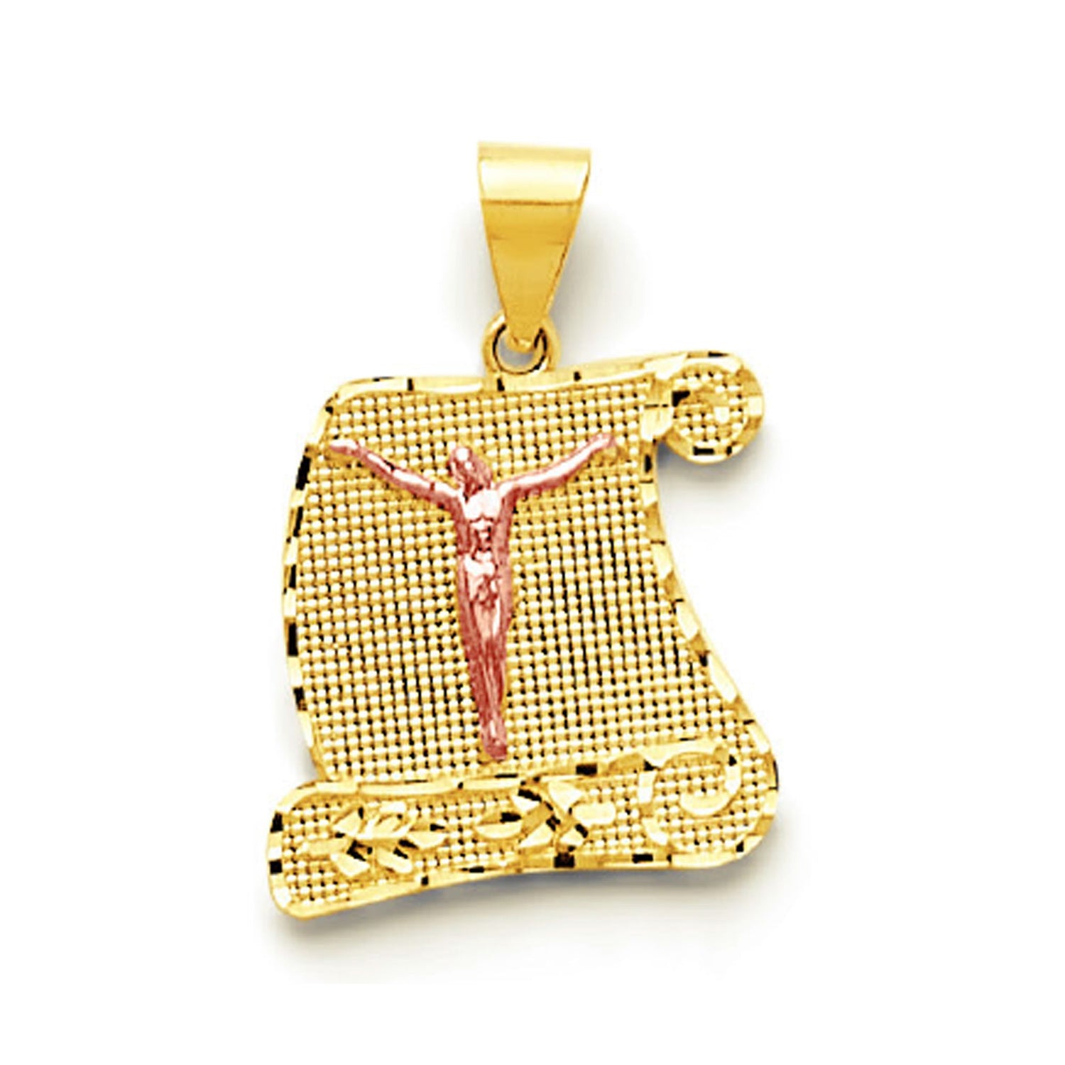 Two Tone Gold Diamond Cut Dotted Textured Crucifix Scroll Pendant