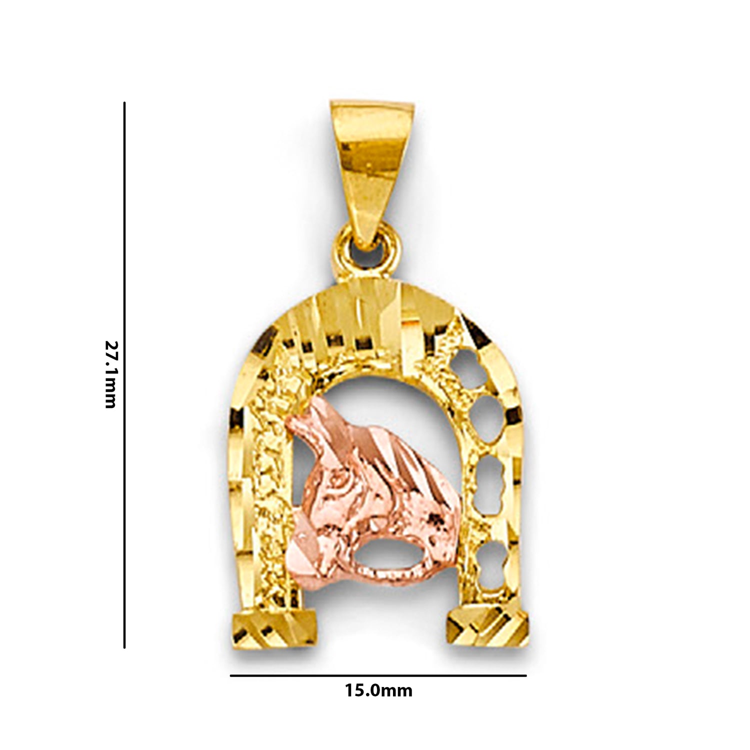 Two Tone Gold Horseshoe with Horse Open Charm Pendant with Measurement