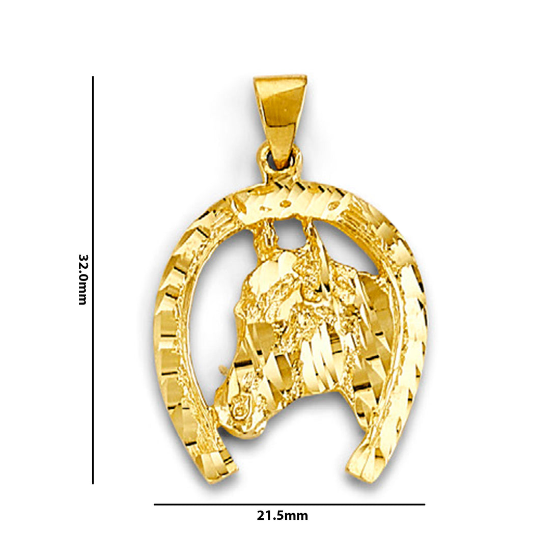 Yellow Gold Horseshoe with Horse Charm Pendant with Measurement