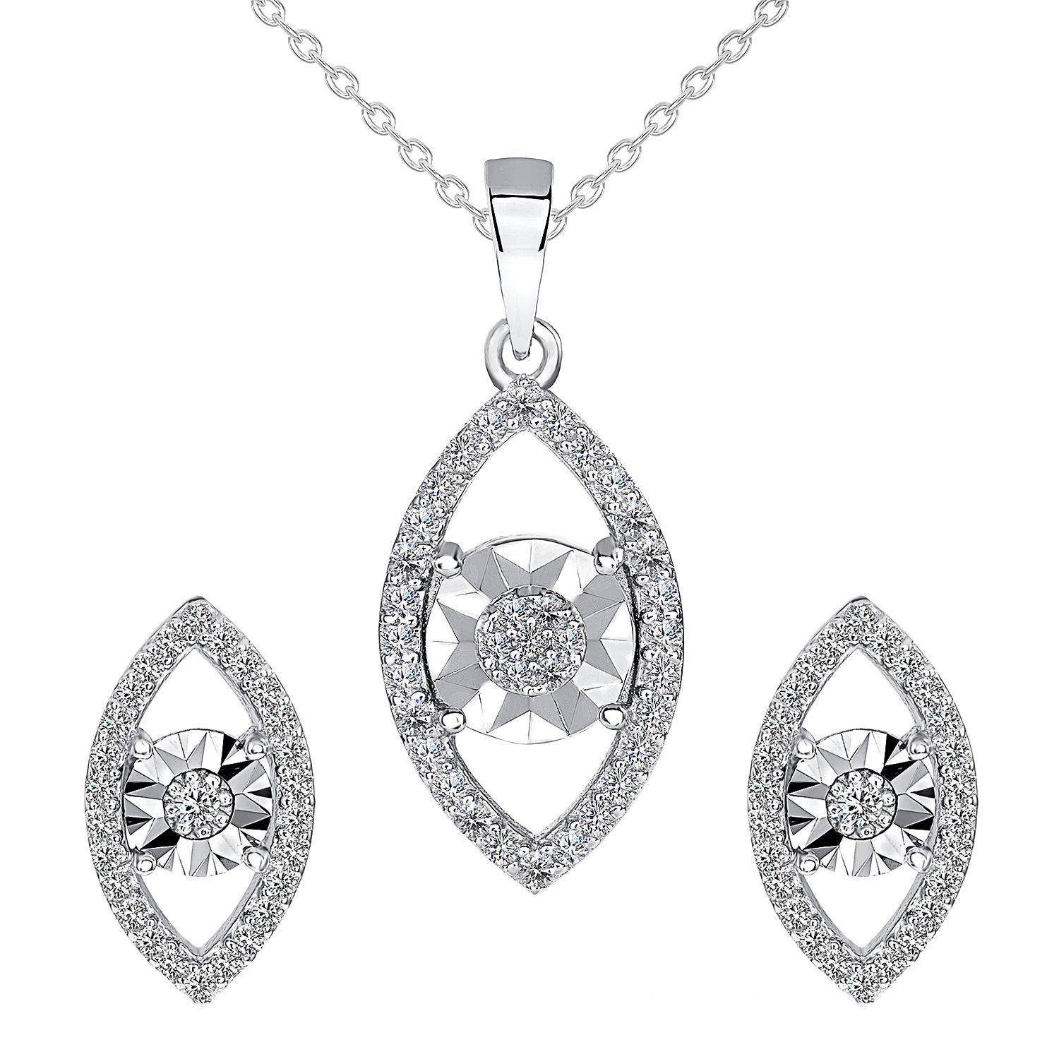 925 Sterling Silver Round Cut CZ &amp; Diamond Cut Detailing Evil Eye Pendant &amp; Stud Earrings Jewelry Set