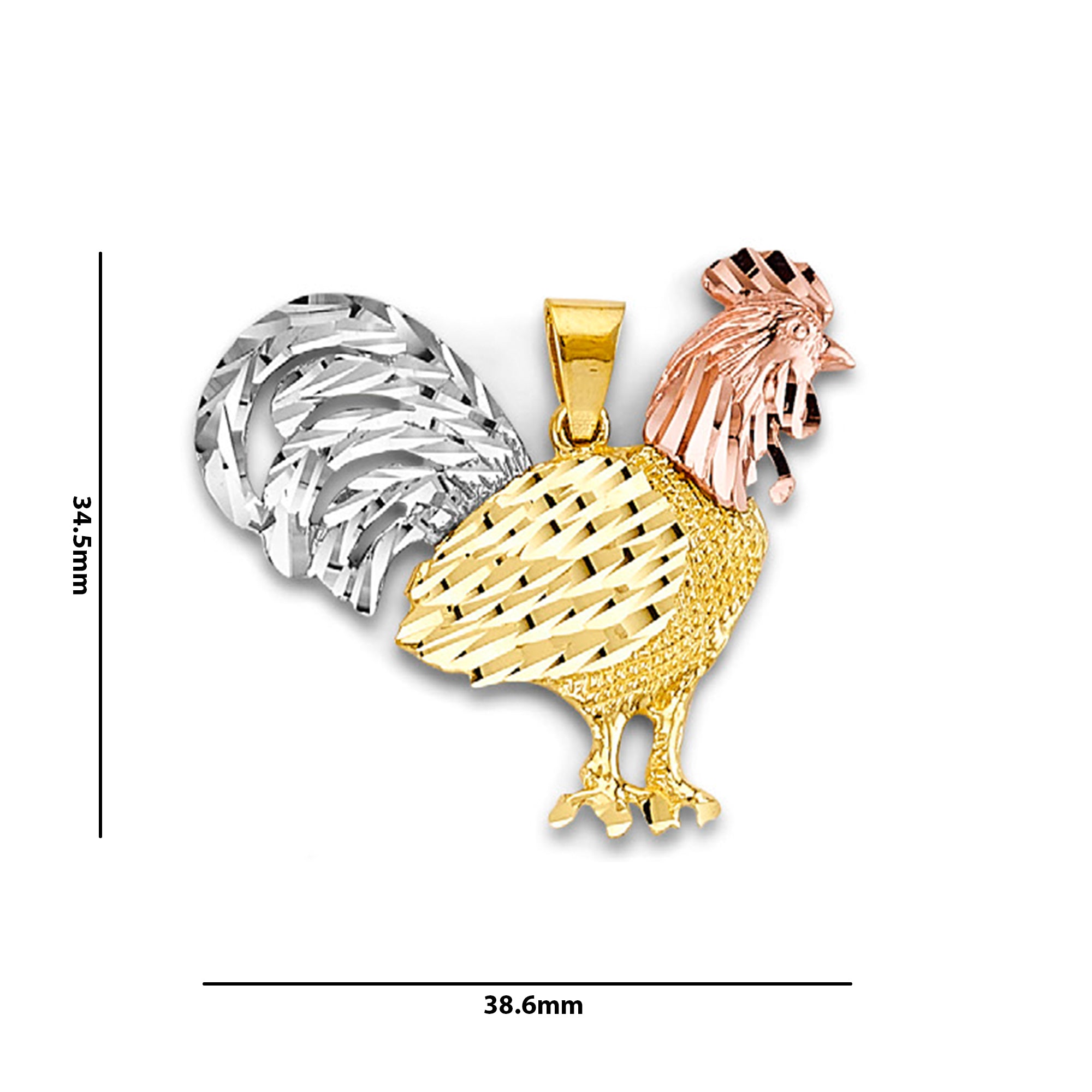 Tri Tone Gold Rooster Charm Pendant with Measurement