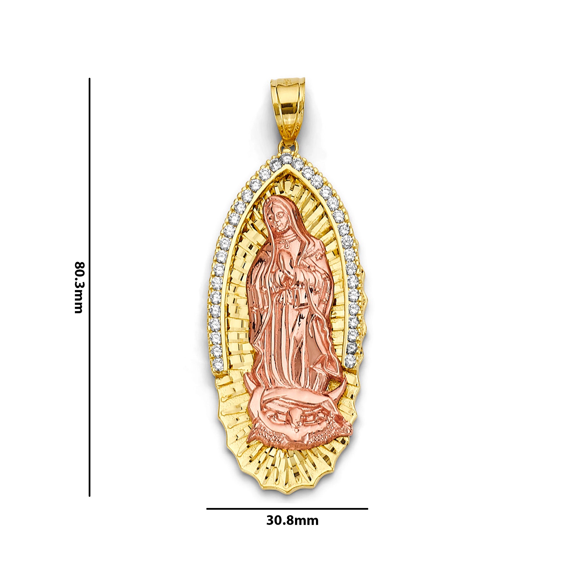 Dual Tone Virgin Mary Pendant Necklace in 14K Yellow Gold (35.0g) with Measurement