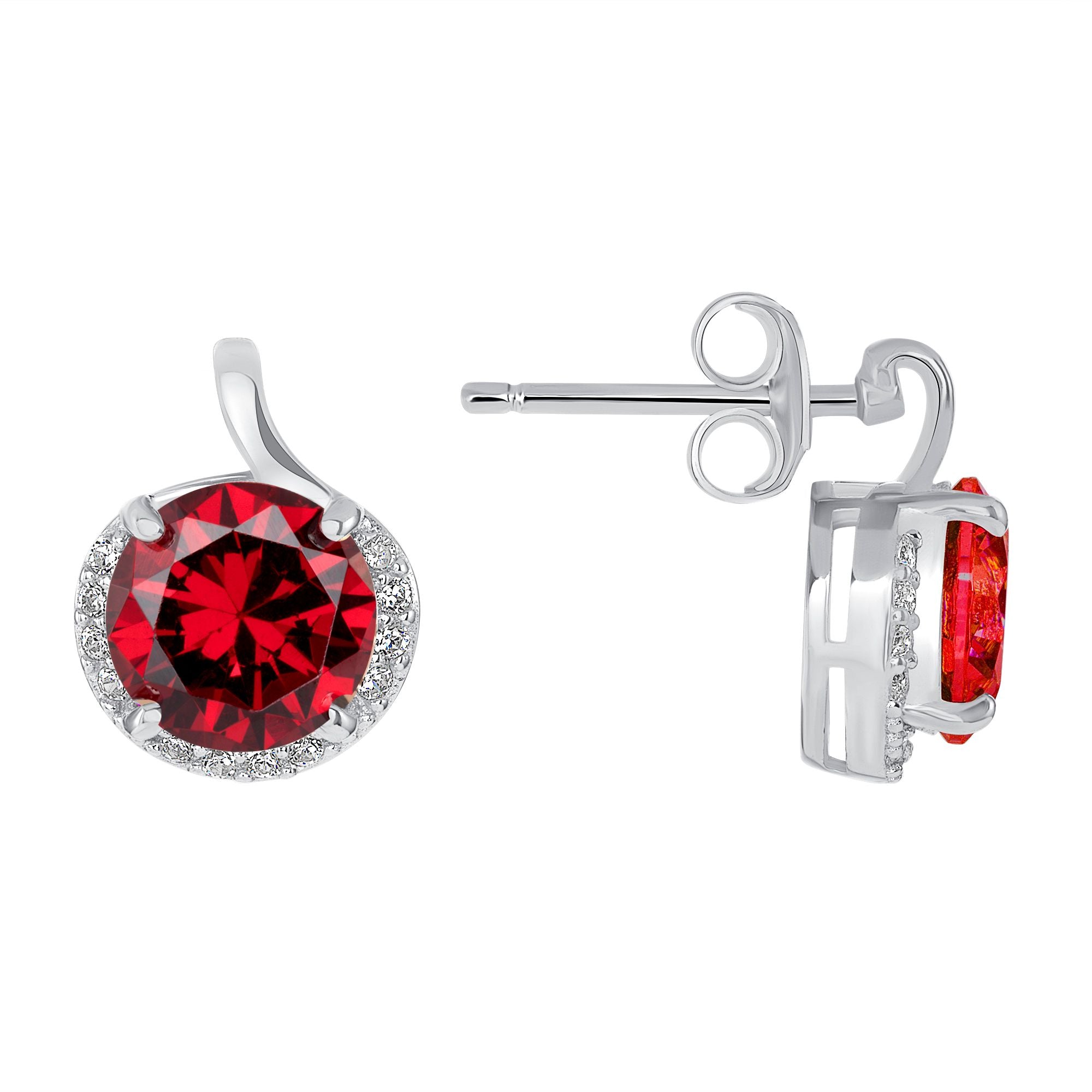 925 Sterling Silver Round Cut Red CZ with Round Cut White CZ Partial Halo Pendant &amp; Stud Earrings Jewelry Set