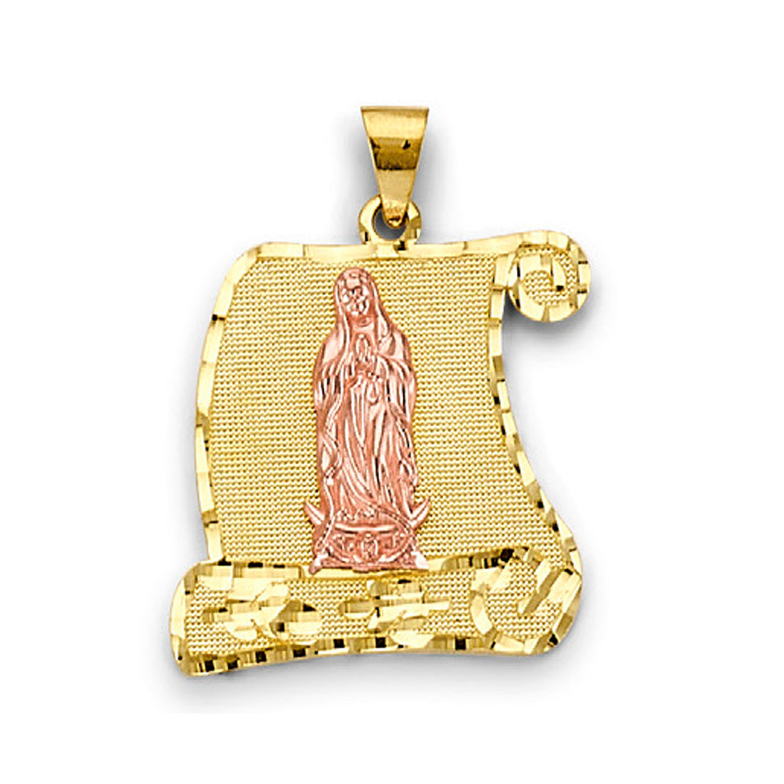 Dual Tone Virgin Mary Scroll Pendant in 14K Yellow Gold (4.0g)