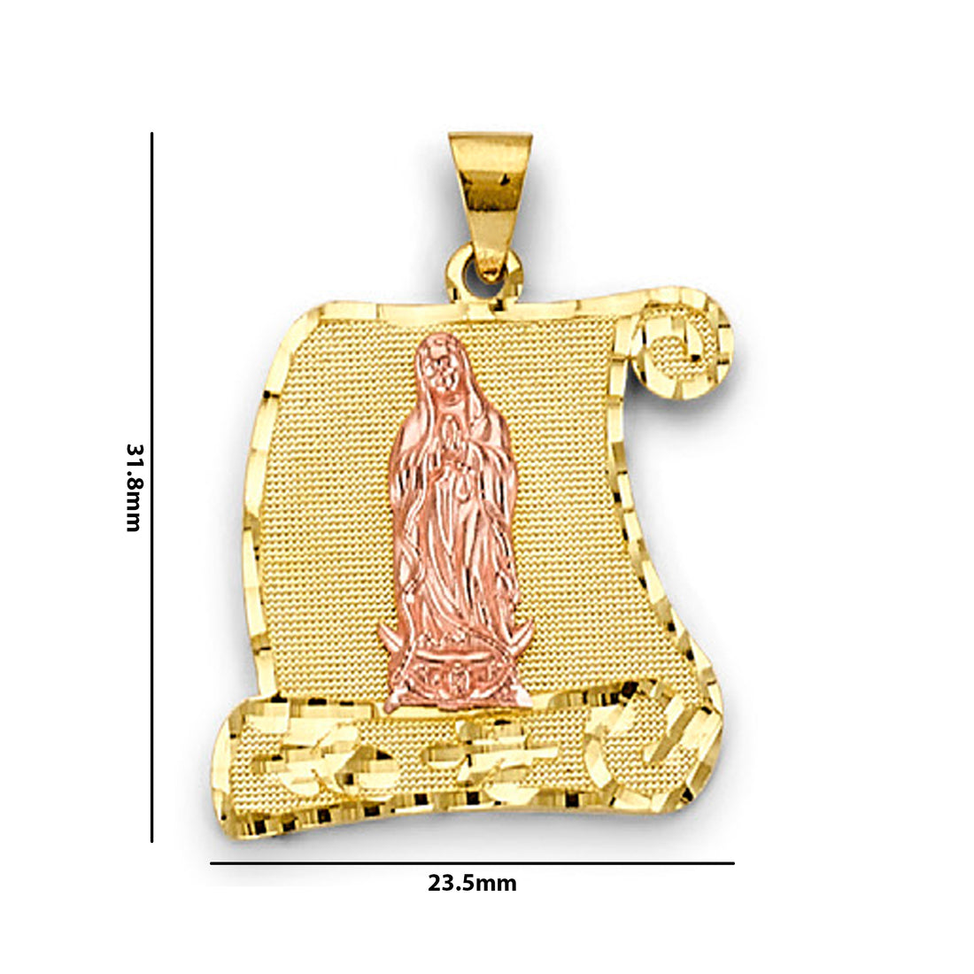 Dual Tone Virgin Mary Scroll Pendant in 14K Yellow Gold (4.0g) with Measurement